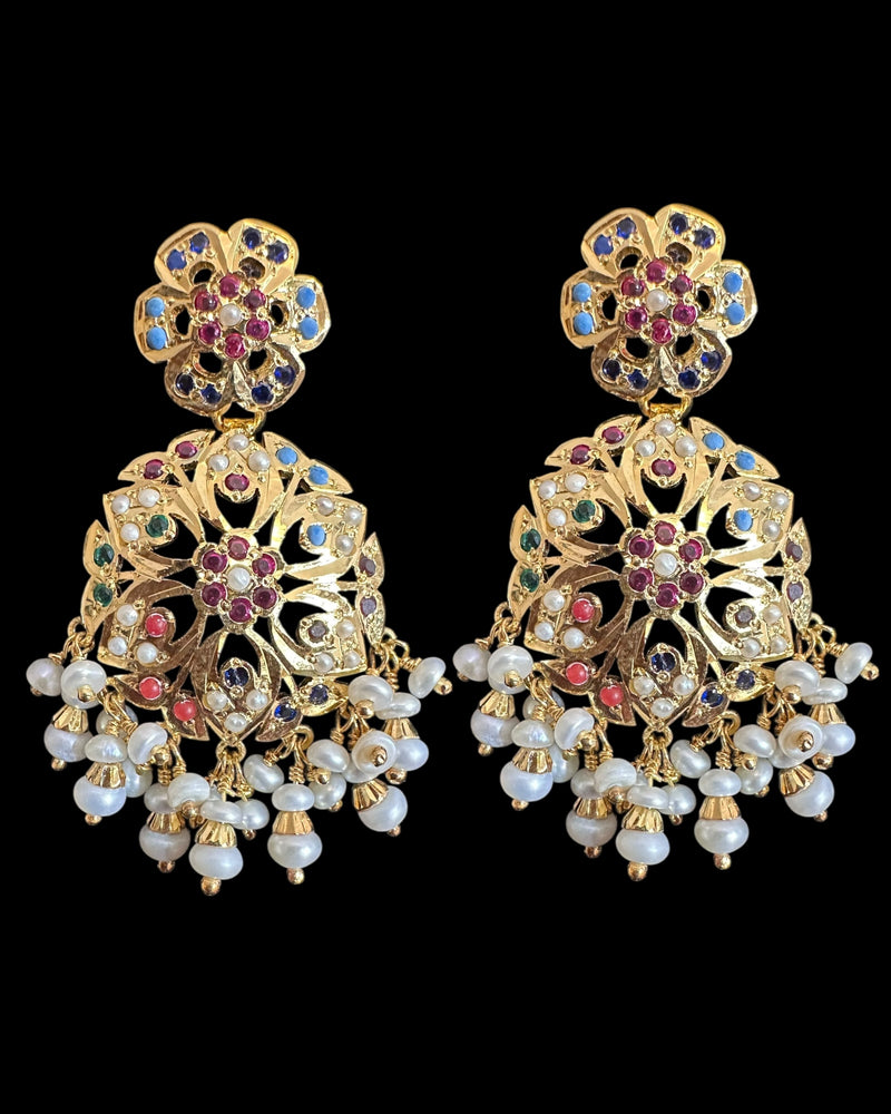 Gold plated silver earrings in navratan ( READY TO SHIP )