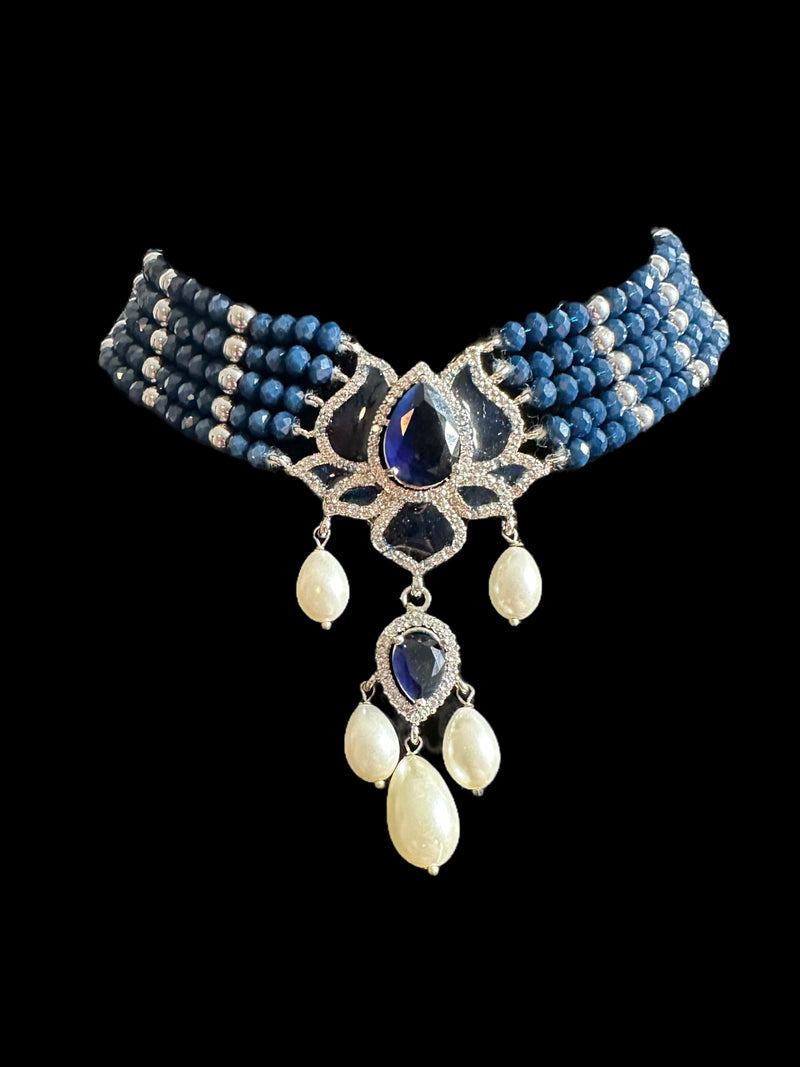 C518 Maria choker and earrings set in blue ( READY TO SHIP )