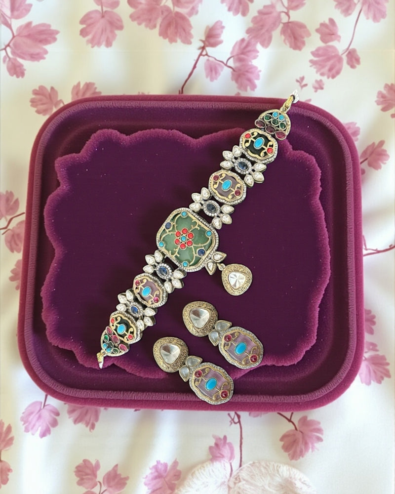 C340 Antique plated choker set in multicolor ( READY TO SHIP )