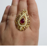 Gold-Plated Jadau Ring in 92.5 Silver with Freshwater Pearls & Synthetic Rubies – Adjustable ( READY TO SHIP )