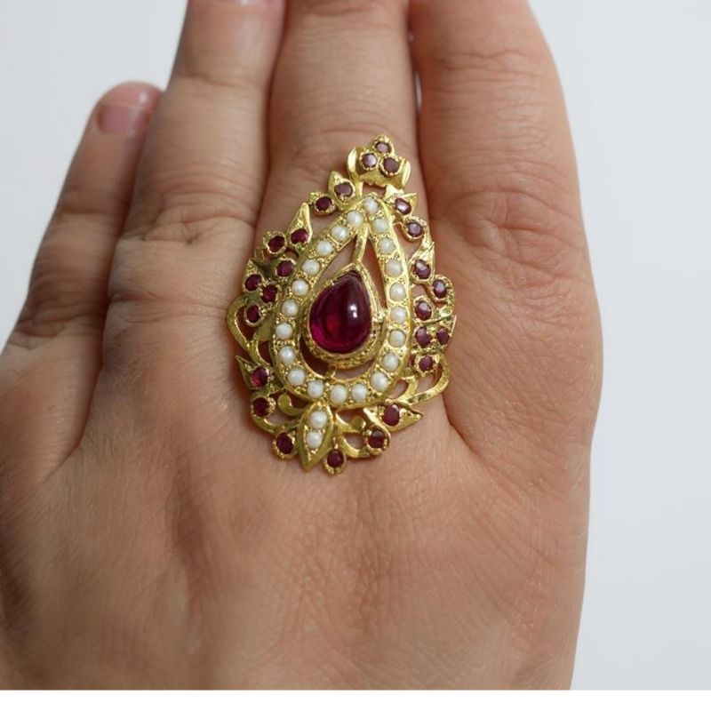 Gold-Plated Jadau Ring in 92.5 Silver with Freshwater Pearls & Synthetic Rubies – Adjustable ( READY TO SHIP )