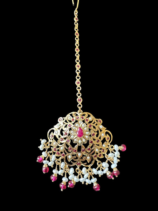 Mehwish Jadau tika in gold plated silver with fresh water pearls and rubies