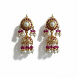 Gold-Plated Silver Jhumka Earrings in Ruby & Freshwater Pearls ( READY TO SHIP )