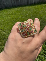 92.5 silver gold plated finger ring in ruby emerald and pearls ( READY TO SHIP )