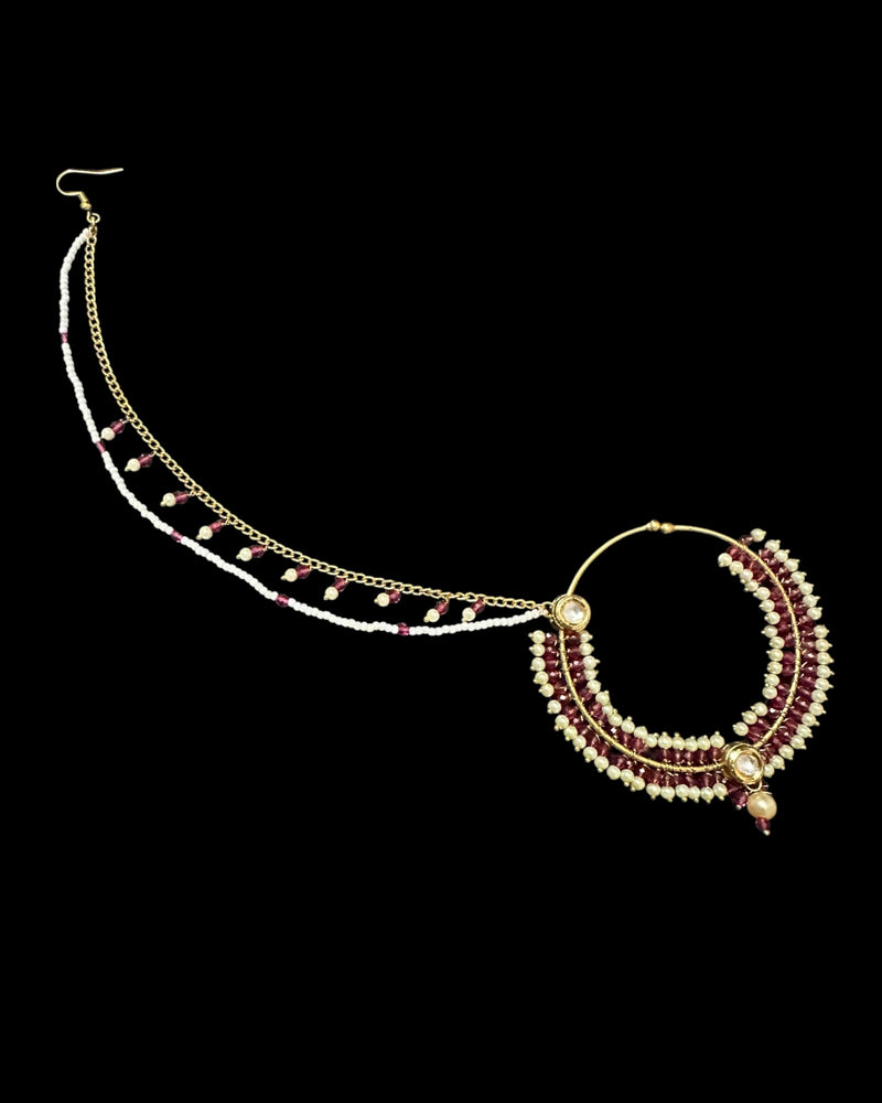 Handcrafted Kundan & Pearl Nosering with Double Chain – Non-Pierced Bridal Nath ( READY TO SHIP )