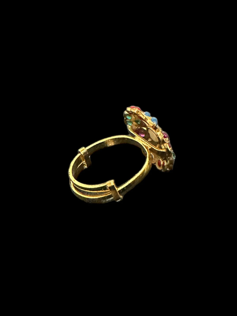 Navratan Adjustable Ring – Gold-Plated 92.5 Silver with Freshwater Pearl Center ( READY TO SHIP )