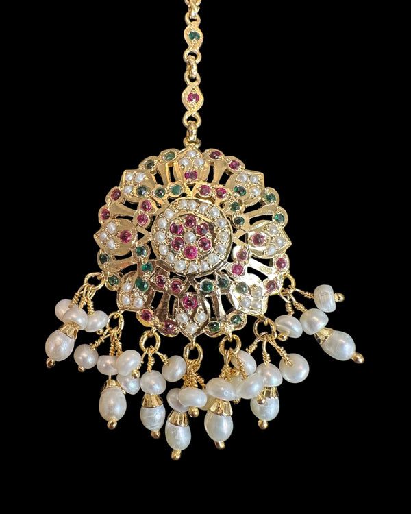 Ruby & Emerald Gold-Plated Silver Tika with Freshwater Pearls – Handcrafted Heritage Jewelry ( READY TO SHIP )