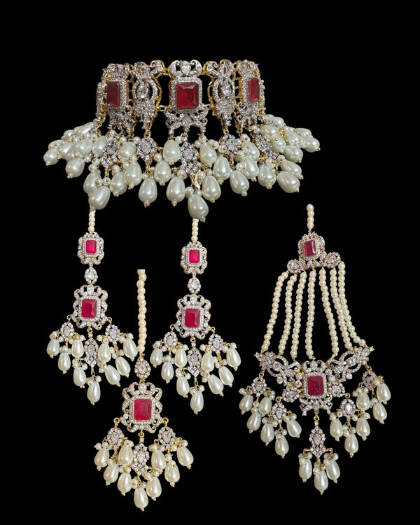 Farhat 💎 Ruby Bridal Choker Set with Earrings & Tika – Gold-Plated with Zircon & Shell Pearls