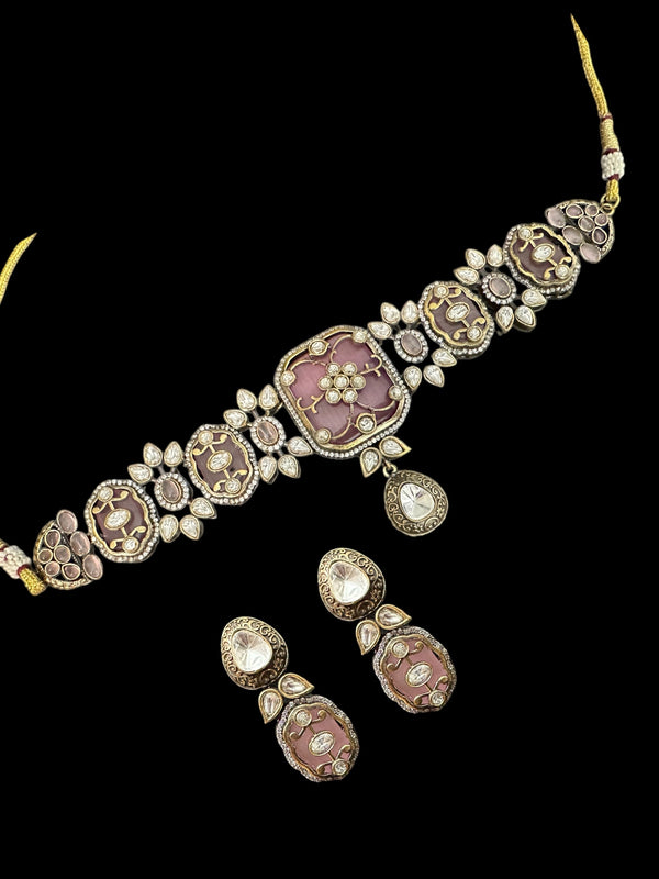 C341 Antique plated choker set in pink ( READY TO SHIP )