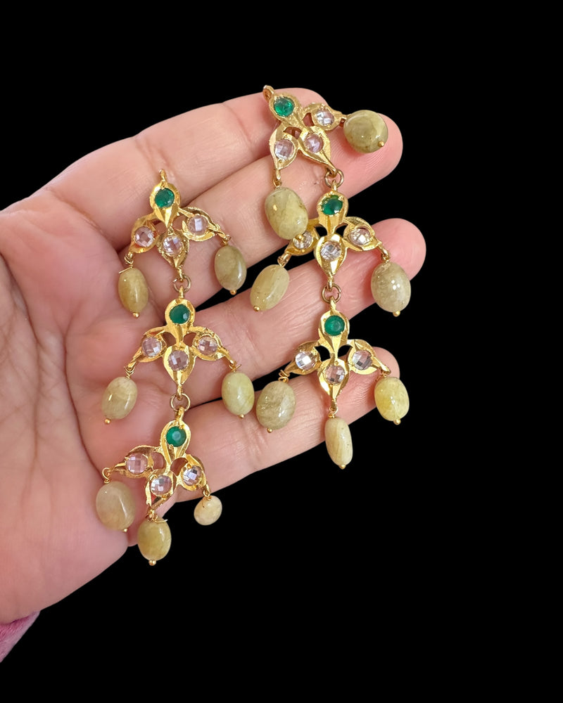 DER767 Savera Hyderabadi three layered earrings in emerald beads (READY TO SHIP )