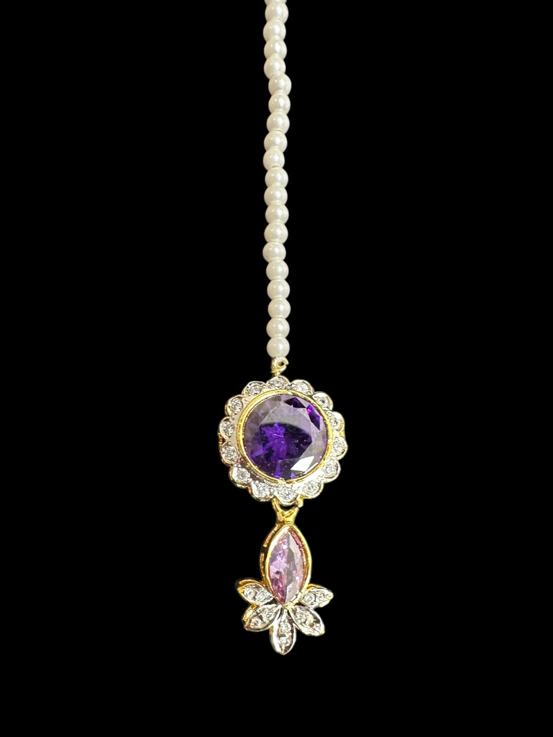 High quality cz  necklace set with tika - purple, Gold plated ( READY TO SHIP )