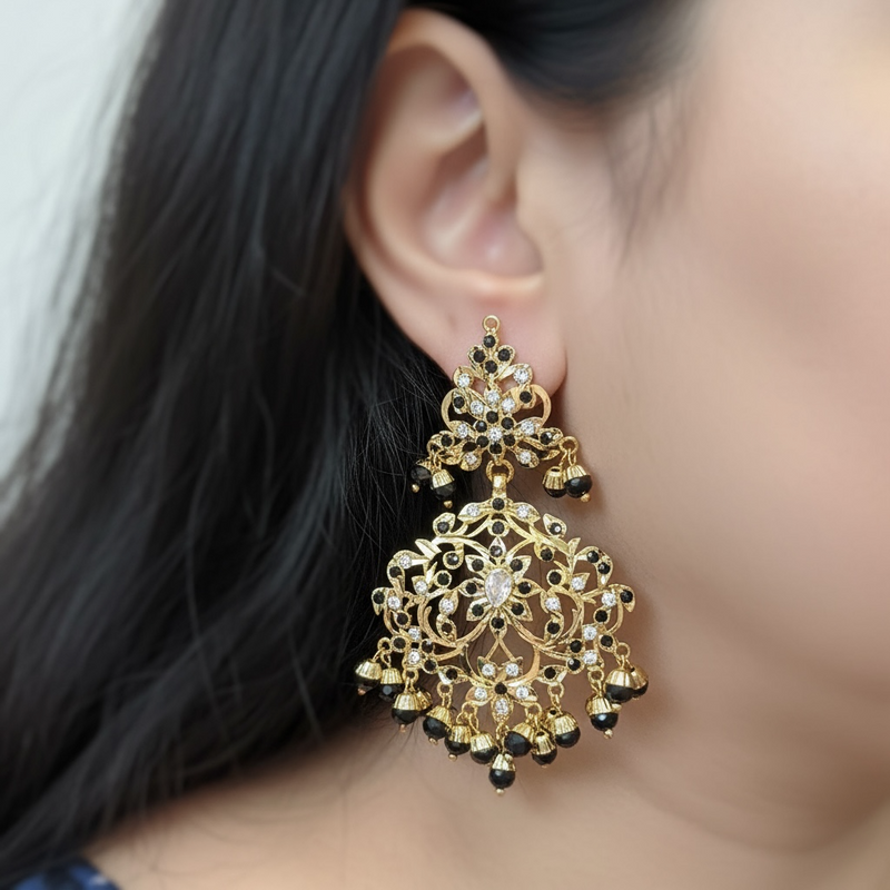 DJET100 Black & Zircon Gold-Plated Earrings with Tikka Set ( READY TO SHIP )