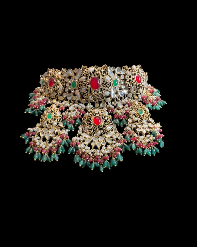 Ruby, Emerald & Pearl Gold-Plated bridal Choker Set | Semi-Precious Stones | Bridal Jewelry ( READY TO SHIP )