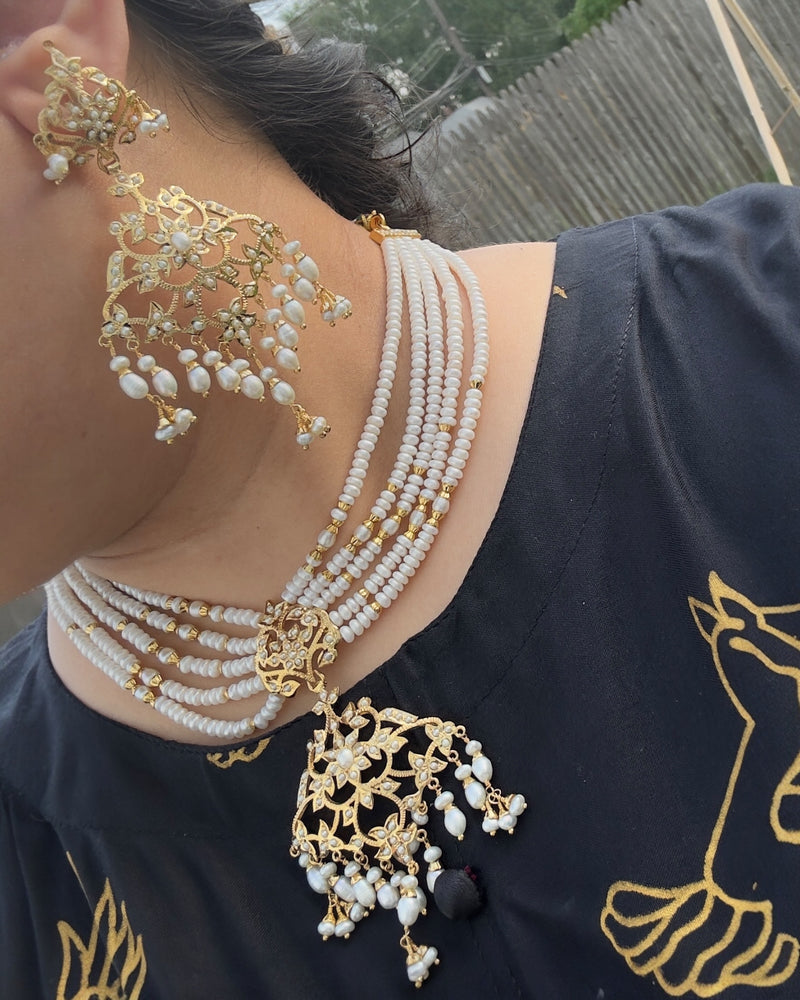 SN22 Gold-Plated 92.5 silver Pearl Necklace with Edwardian Style Earrings