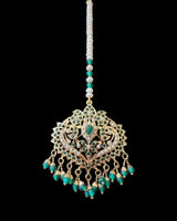 Gold-Plated Silver Tika with Freshwater Pearls & Natural Emerald Beads – Bridal Elegance in 92.5 Silver ( READY TO SHIP )