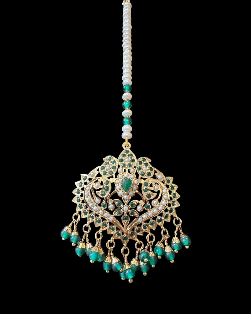 Gold-Plated Silver Tika with Freshwater Pearls & Natural Emerald Beads – Bridal Elegance in 92.5 Silver ( READY TO SHIP )