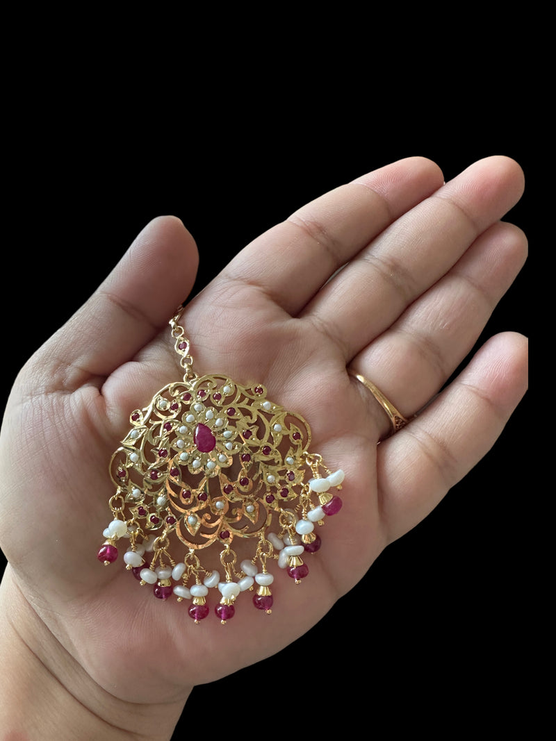 Mehwish Jadau tika in gold plated silver with fresh water pearls and rubies