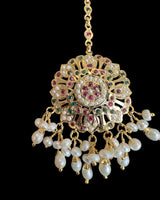 Ruby & Emerald Gold-Plated Silver Tika with Freshwater Pearls – Handcrafted Heritage Jewelry ( READY TO SHIP )