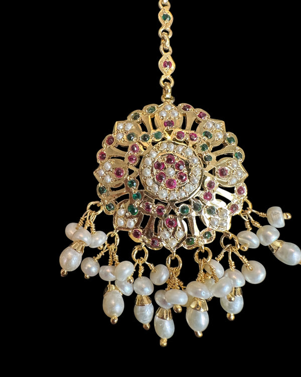 Ruby & Emerald Gold-Plated Silver Tika with Freshwater Pearls – Handcrafted Heritage Jewelry ( READY TO SHIP )