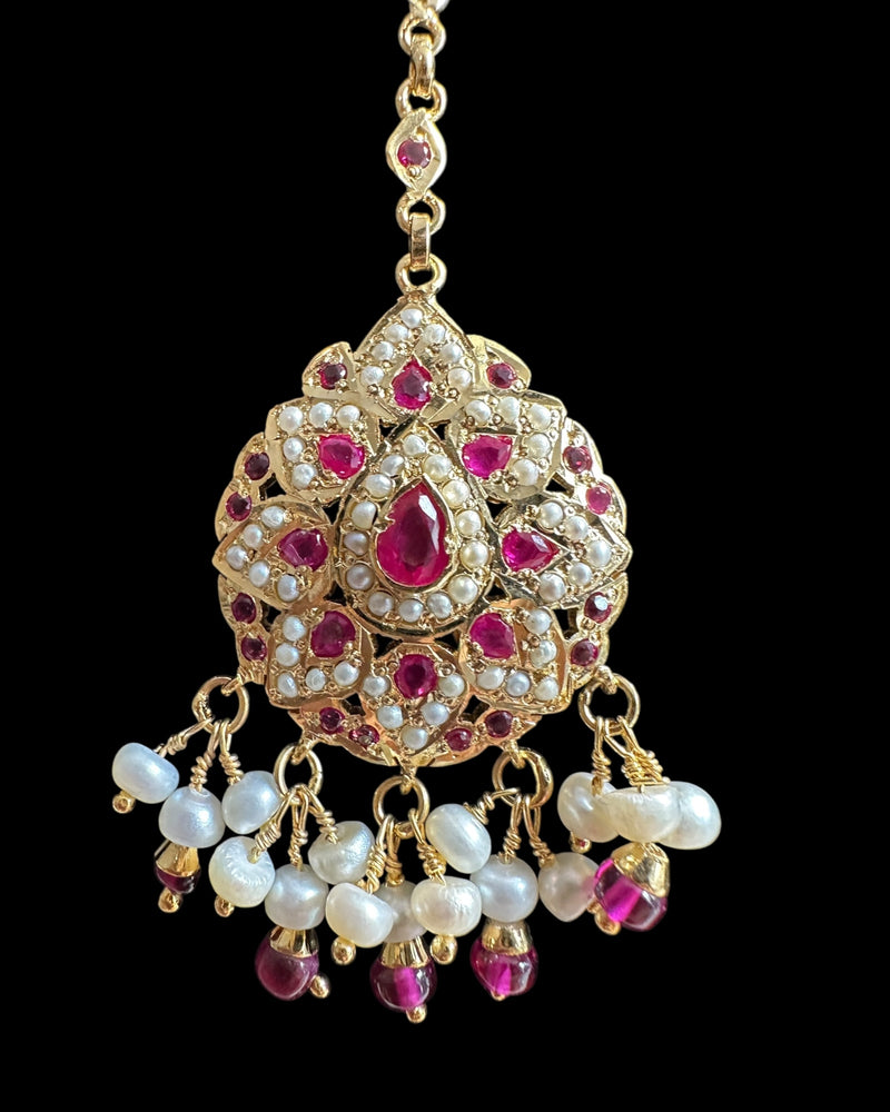 Ruby & Pearl Teardrop Tikka – Gold-Plated Silver (92.5 Sterling Silver Base) ( READY TO SHIP )