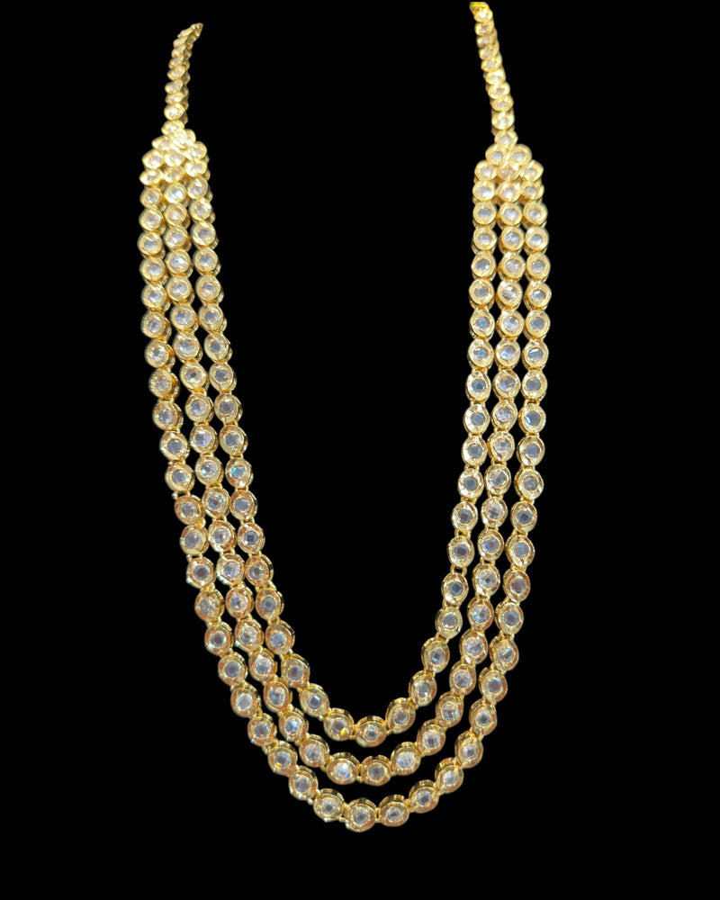 Three-Layer Mala Necklace Set with Earrings – Gold Plated, CZ Polki ( READY TO SHIP )
