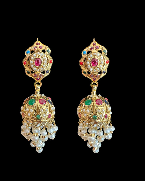 Navratan Jhumka – Gold-Plated 92.5 Silver with Freshwater Pearls & Real Gemstones ( READY TO SHIP )