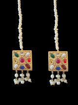 C536 Navratan bridal choker earrings and Tika set in fresh water pearls ( READY TO SHIP )