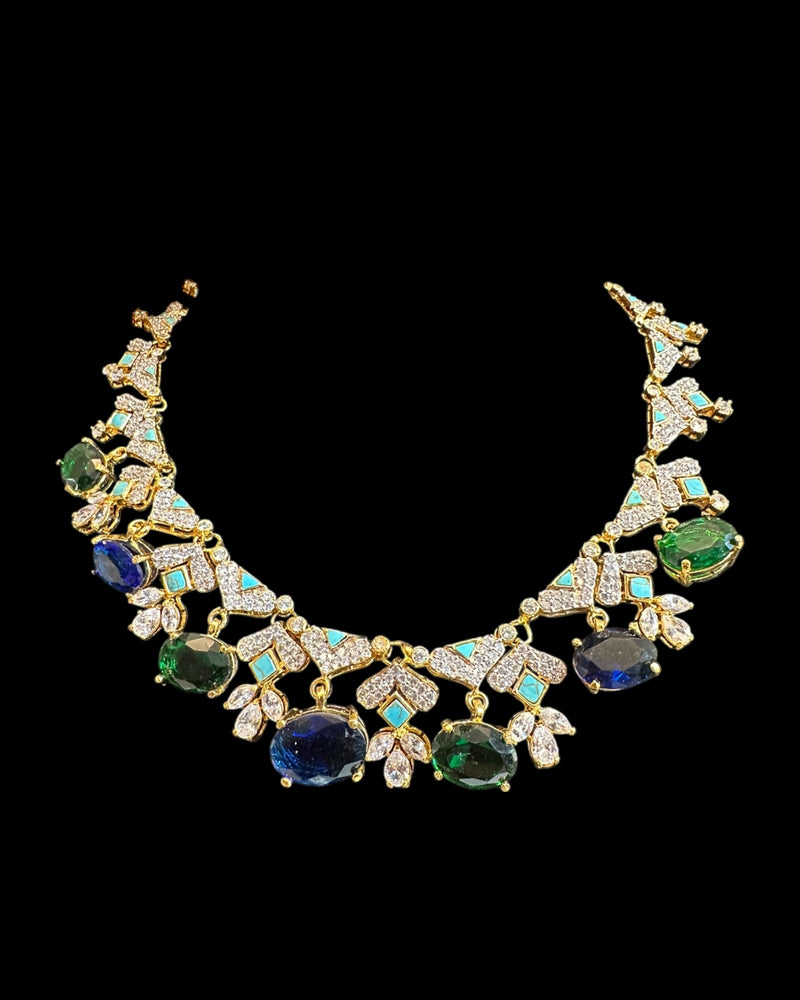 DNS213 Turquoise & emerald sapphire CZ Necklace Set with Earrings – Gold Plated ( READY TO SHIP )