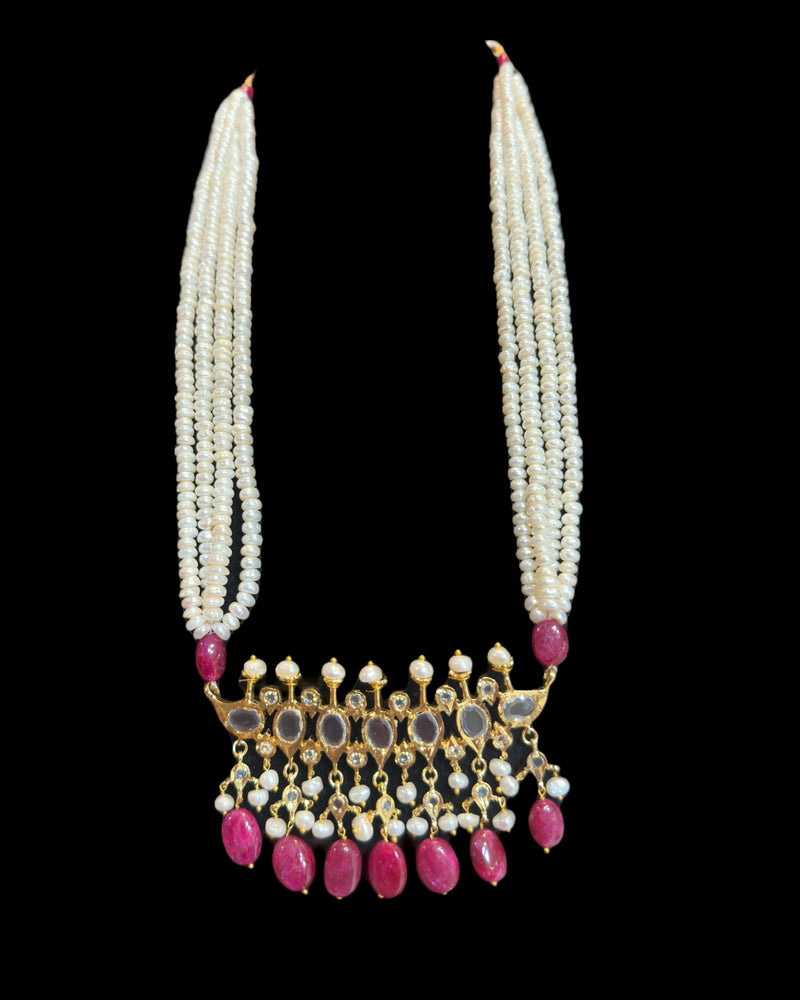 PS566 Hyderabadi Tirmani in Freshwater Pearls & Ruby Beads – With Chandbali Earrings ( READY TO SHIP )