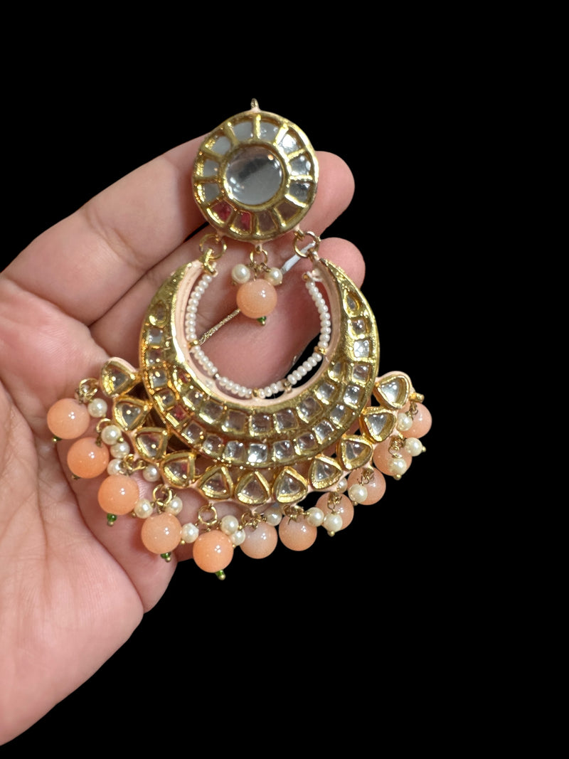 Kundan meena earrings - peach , Oversized chandbali  ( READY TO SHIP )