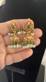 Ruby Emerald Pearl Jhumkas in 92.5 Silver (Gold-Plated) ( READY TO SHIP )
