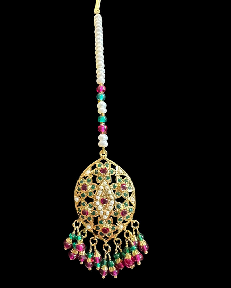 Gold Plated Silver Ruby & Emerald Tika with Freshwater Pearls ( READY TO SHIP )