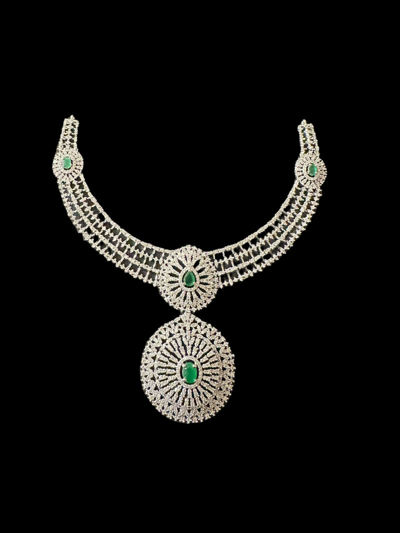 DNS171 Cz necklace set with earrings tika  silver plated - Emerald green centre stone    (READY TO SHIP)