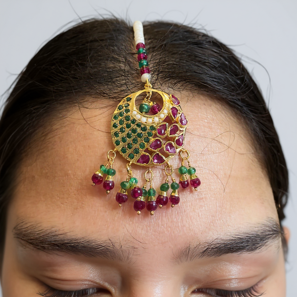 Gold Plated Silver Ruby Emerald Tika with Freshwater Pearls ( READY TO SHIP )