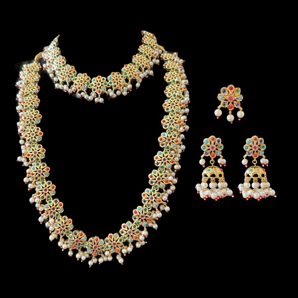 DNS85 Malavika necklace set with jhumka and ring - Navratan ( SHIPS IN 2 WEEK )