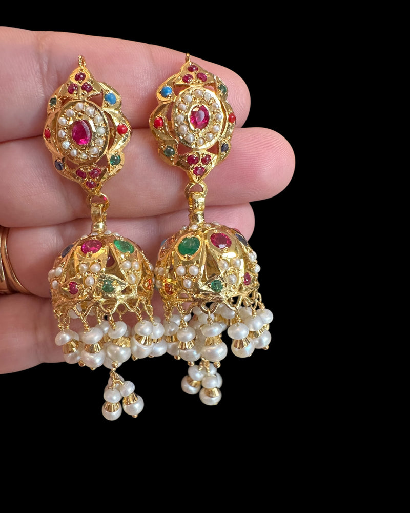 Navratan Jhumka – Gold-Plated 92.5 Silver with Freshwater Pearls & Real Gemstones ( READY TO SHIP )