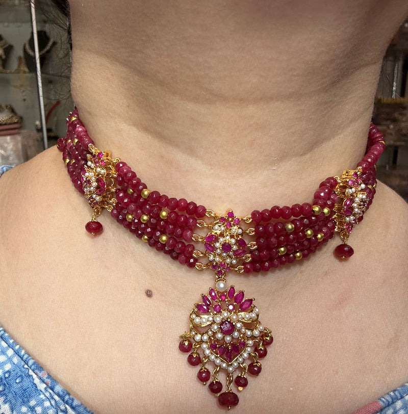 C575 Zarifa Gold-Plated Choker with Earrings – Ruby Beads & Pearl Detailing ( READY TO SHIP )
