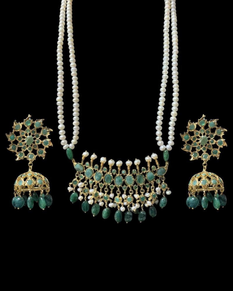 Tirmani Necklace Set with Large Jhumka Earrings – 22K Gold-Plated Jewelry with Freshwater Pearls and Emerald Beads
 ( SHIPS IN 4 WEEKS  )