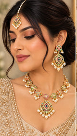 DNS502 Navratan Jadau Necklace Set with Earrings & Tikka | Gold Plated Semi-Precious Stone Jewelry
( READY TO SHIP )