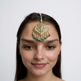 Gold-Plated Silver Tika with Freshwater Pearls & Natural Emerald Beads – Bridal Elegance in 92.5 Silver ( READY TO SHIP )