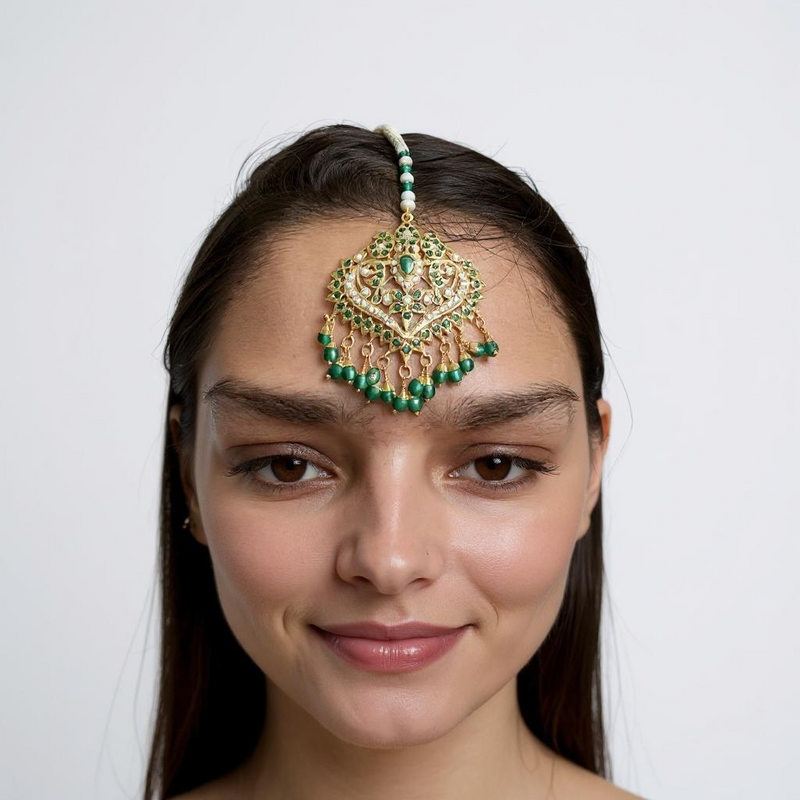 Gold-Plated Silver Tika with Freshwater Pearls & Natural Emerald Beads – Bridal Elegance in 92.5 Silver ( READY TO SHIP )