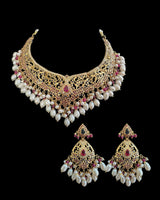 SN21 Ruby sapphire and fresh water pearl necklace with earrings in gold plated silver ( READY TO SHIP)