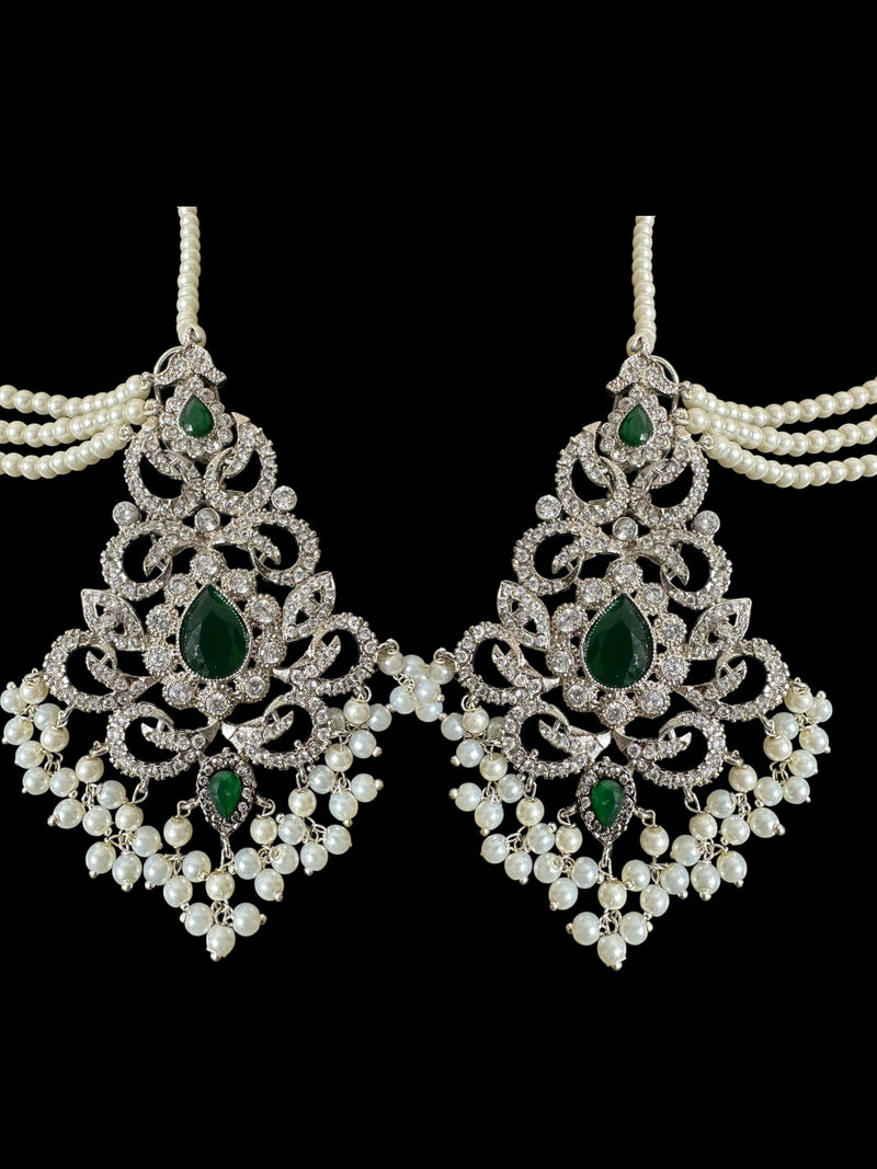 Raaga zircon earring tika set in green with silver plating ( READY TO SHIP  )