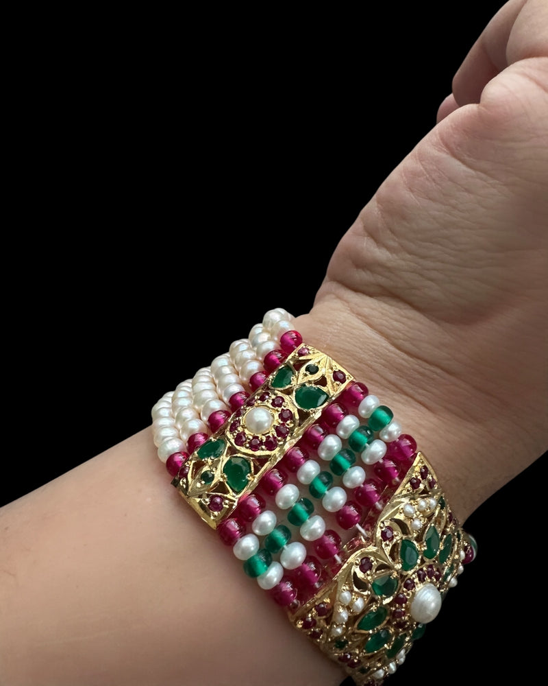 Gold-Plated Silver jadau Bracelet in Ruby, Emerald & Freshwater Pearls ( READY TO SHIP )