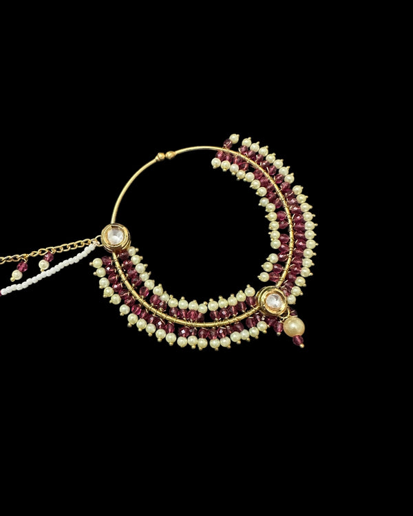 Handcrafted Kundan & Pearl Nosering with Double Chain – Non-Pierced Bridal Nath ( READY TO SHIP )