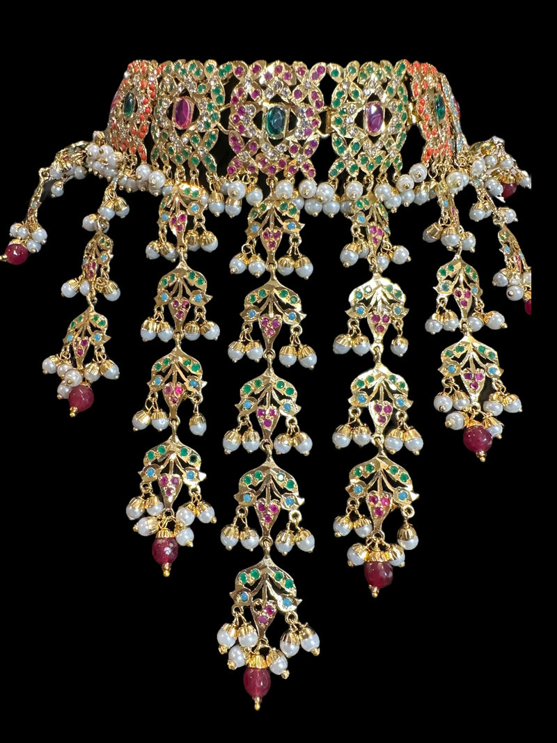 Navratan Dangler Choker Set with Earrings & Tika – Gold-Plated Elegance