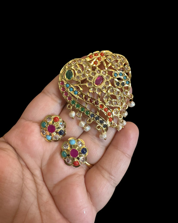 Akriti pendant with studs - Navratan ( READY TO SHIP )