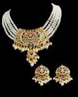 DNS503 Gold Plated Jadau Pearl Necklace Set with Earrings in navratan ( READY TO SHIP )