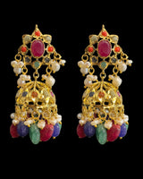 Navratan Gold-Plated Pendant with Jhumka Earrings Set | Freshwater Pearls | Ruby, Emerald & Sapphire Beads ( READY TO SHIP )