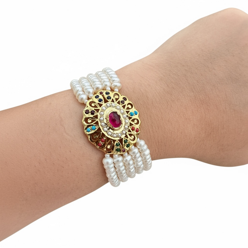 Navratan Gold-Plated Silver Bracelet with Freshwater Pearls ( READY TO SHIP )